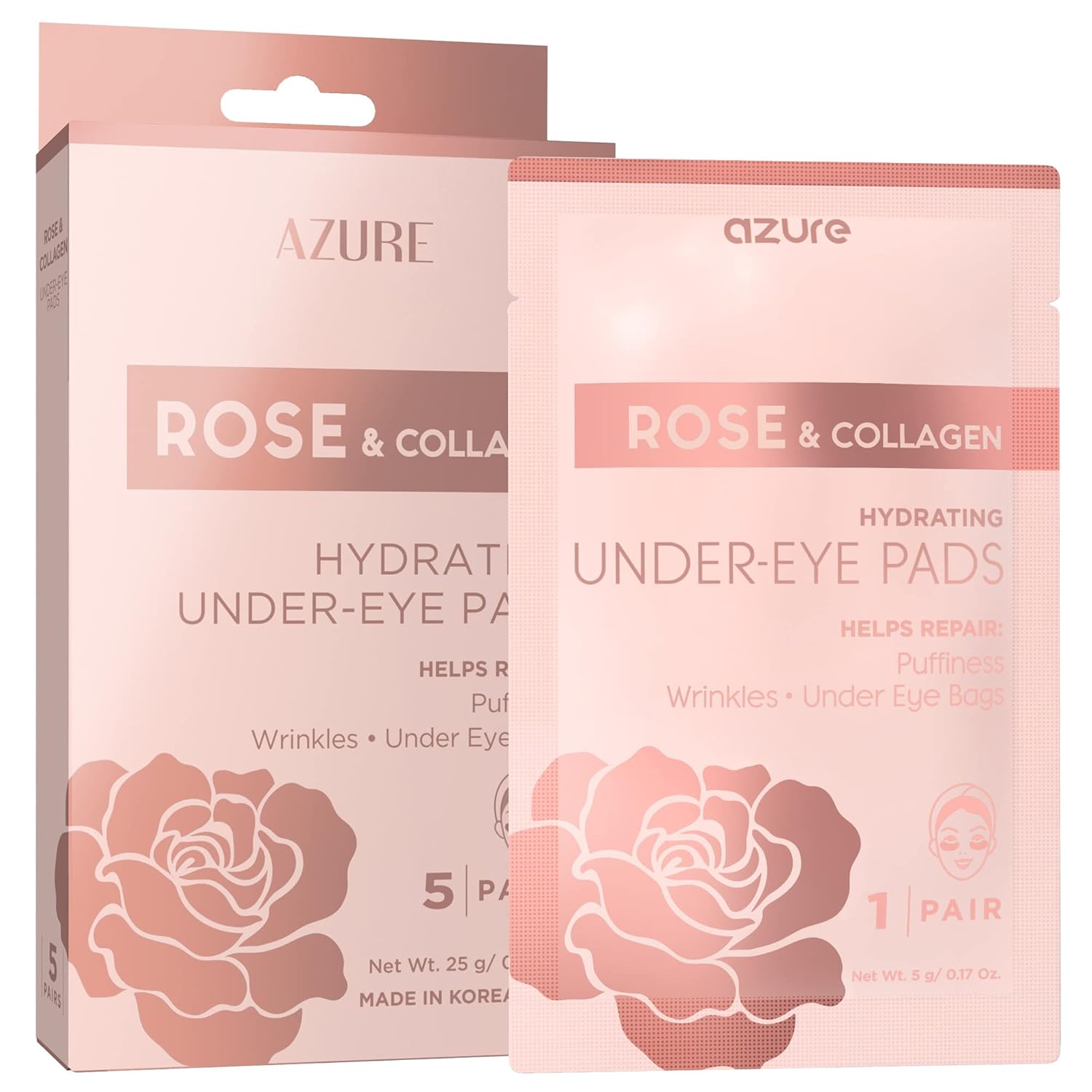 Azure Cosmetics Rose & Collagen Hydrating Under Eye Pads - Anti Aging, Revitalizing & Moisturizing Eye Mask Patches - Reduces Fine Lines, Wrinkles, Dark Circles & Puffiness - Made In Korea - 5 Pairs