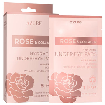 Azure Cosmetics Rose & Collagen Hydrating Under Eye Pads - Anti Aging, Revitalizing & Moisturizing Eye Mask Patches - Reduces Fine Lines, Wrinkles, Dark Circles & Puffiness - Made In Korea - 5 Pairs
