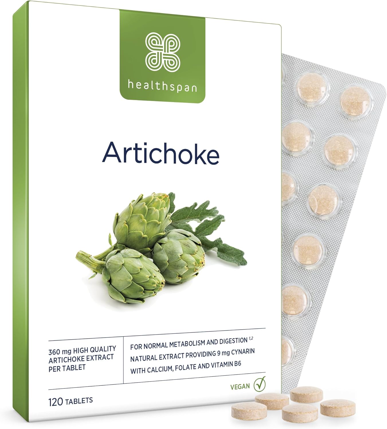 Healthspan Artichoke Extract 360Mg (120 Tablets) | Supports Digestion & Liver Health | High Strength Vegan Artichoke Tablets With 7.2Mg Of Cynarin | With Calcium, Folate & Vitamin B6 | Vegan