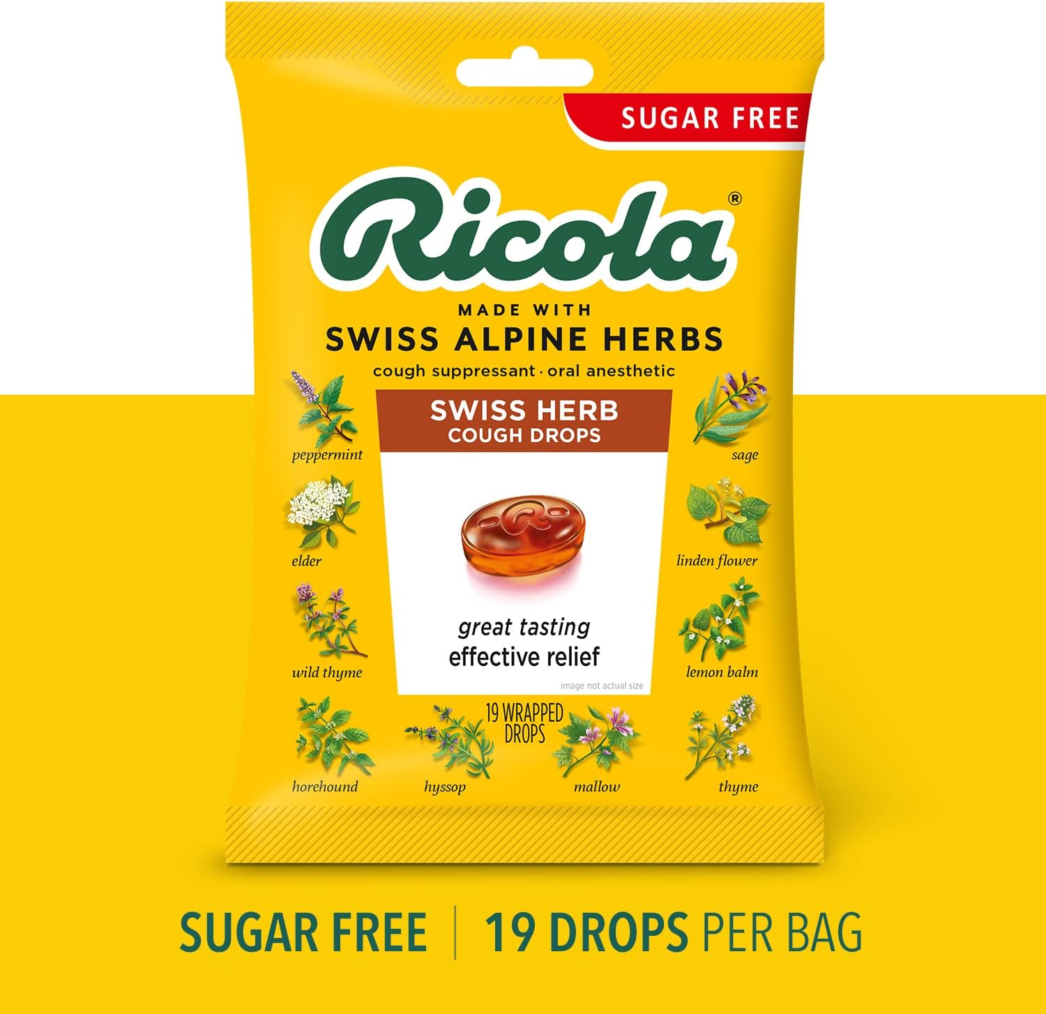 Ricola Sugar Free Swiss Herb Herbal Cough Suppressant Throat Drops | Naturally Soothing Long-Lasting Relief -19 Count (Pack of 4) Bags