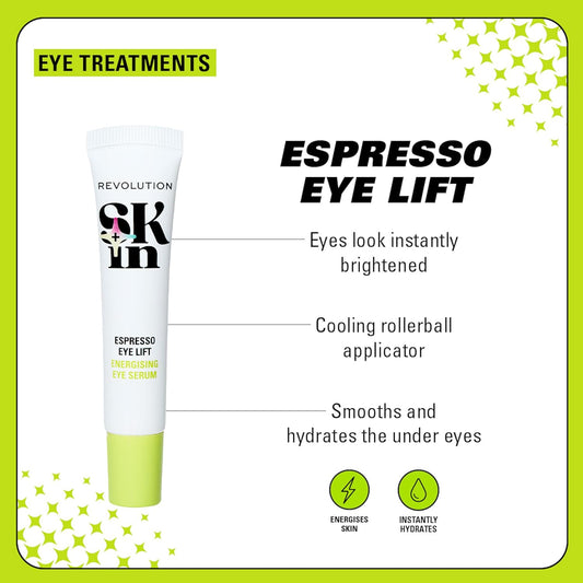 Revolution Skin, Espresso Eye Lift 5% Caffeine Energising Eye Serum, Infused With Hyaluronic Acid & Caffeine, Brightens Under-Eyes, Vegan & Cruelty-Free, 15Ml