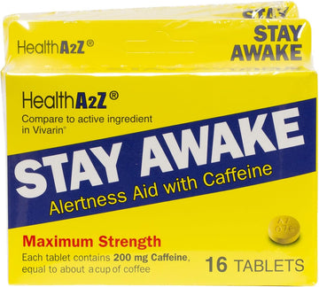 Healtha2Z® Stay Awake | 200 Mg Caffeine | Alertness Aid With Caffeine | 3 Packs Of 16 Tabelts (48 Tablets Total) | Maxium Strength