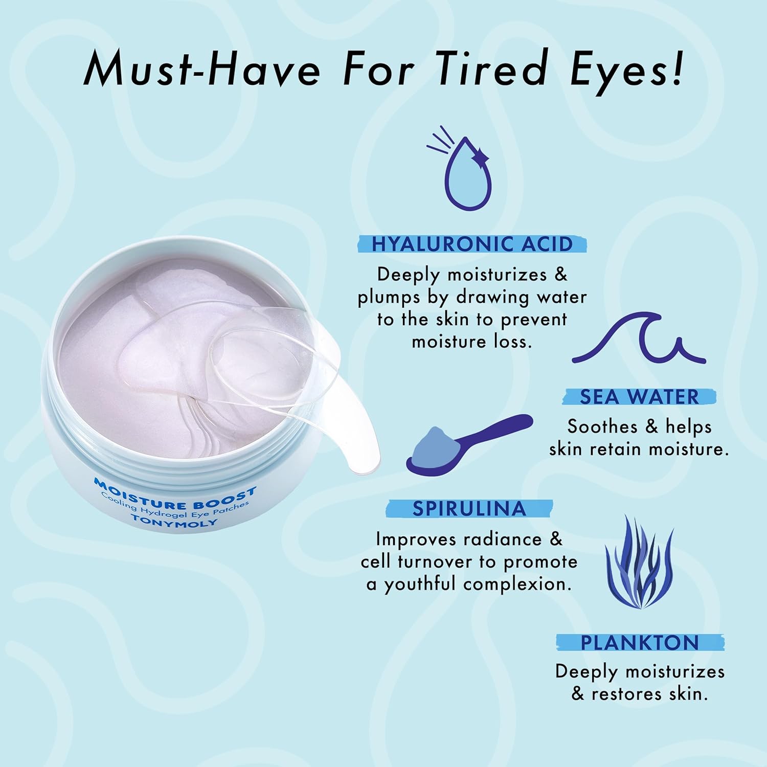 Tonymoly Moisture Boost Cooling Hydrogel Eye Patches, Refreshing & Hydrating Eye Patches For Tired Under Eyes, 90 G. (30 Pairs)