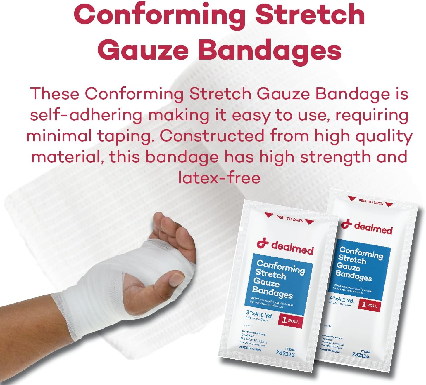 Dealmed 2" Sterile Conforming Stretch Gauze Bandages, 4.1 Yards Latex Free Stretched Dressing Wrap, Medical Non-Adherent Wound Care Mesh Bandages (Box of 12 Rolls) : Health & Household