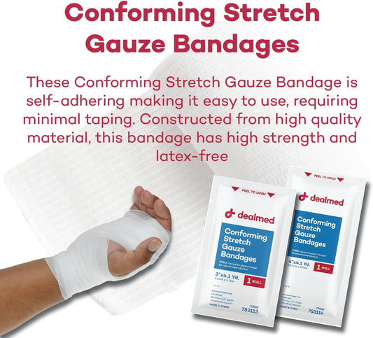 Dealmed 3" Sterile Conforming Stretch Gauze Bandages, 4.1 Yards Latex Free Stretched Dressing Wrap, Medical Non-Adherent Wound Care Mesh Bandages (Box Of 12 Rolls)