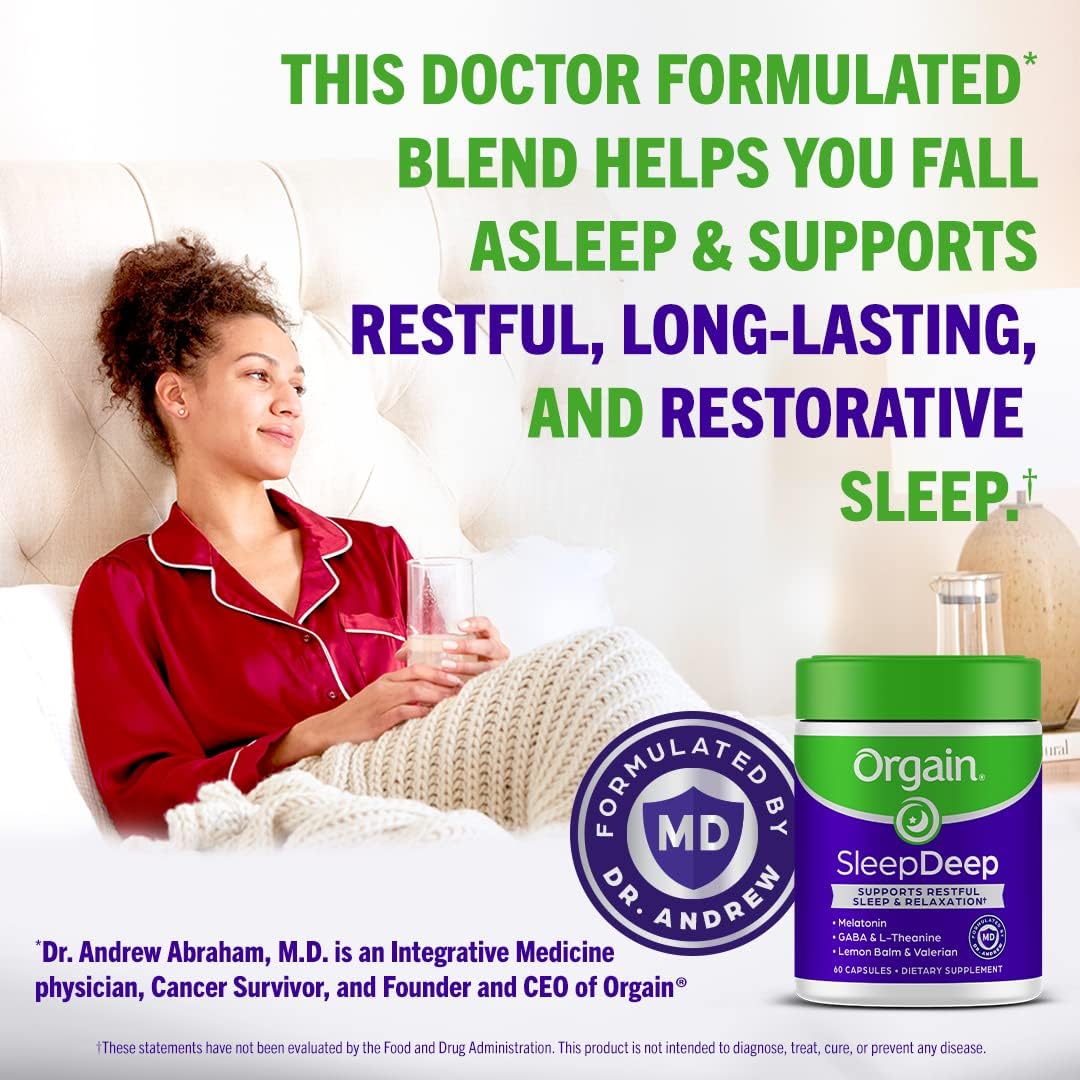 Orgain SleepDeep, Melatonin Sleep Aid Support Supplement with Magnesium, GABA, L-Theanine, L-Tryptophan, Chamomile, Lemon Balm & Valerian Root, Gluten Free, Doctor Formulated - 60 Count, 30 Day Supply : Health & Household