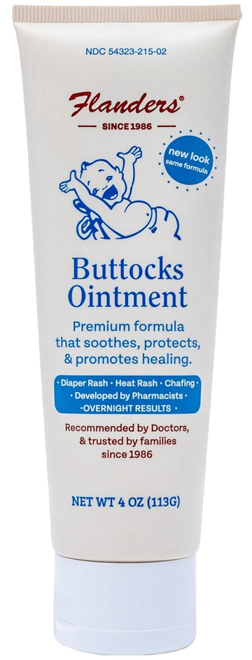 Flanders Buttocks Ointment - Diaper Rash Cream For Treatment & Prevention, Pharmacist Developed, Heat Rash & Chafing In Infants To Adults, Instant Relief (4Oz Tube)