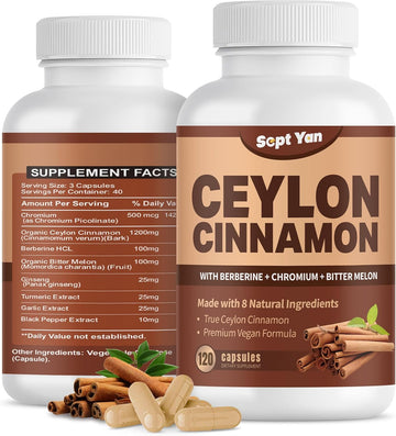 Ceylon Cinnamon Capsules 1200Mg Cinnamon Bark Supplements With Chromium, Berberine Hcl & Turmeric, Vegan, 120 Capsules, Energy, Metabolism, Heart & Immune Support