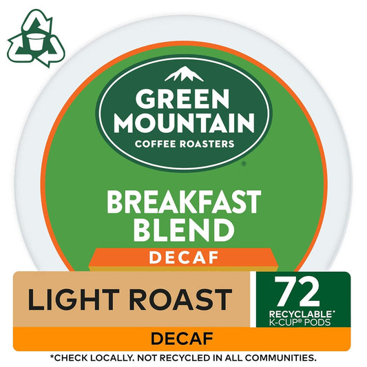 Green Mountain Coffee Roasters Breakfast Blend Decaf Keurig Single-Serve K-Cup pods, Light Roast Coffee, 72 Count (6 Packs of 12)