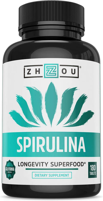 Zhou Nutrition Spirulina Tablets, Sustainably Grown In California, Nutrient-Packed Superfood, Vitamins, Vegan Protein, Amino Acids, Non-Irradiated, Gluten Free, Non-Gmo, 30 Servings, 180 Count