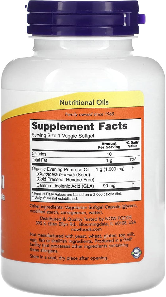 Now Foods Supplements, Evening Primrose Oil 1000 Mg, Cold Pressed, Hexane Free, Vegan Formula, 90 Veg Softgels