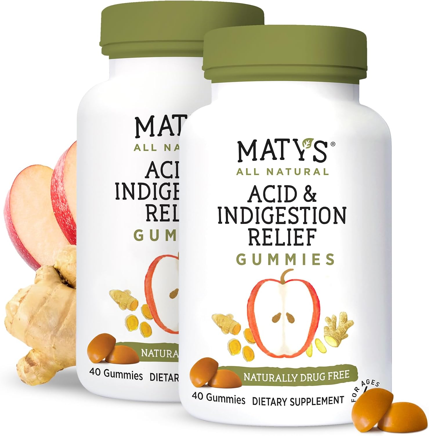 Matys Acid & Indigestion Relief Gummies, Safe Antacid for Occasional Acid Reflux & Heartburn in Adults & Kids 4 Yrs Old +, Low Sugar, Gluten Free, Vegan Made with Apple Cider Vinegar, 2 Pack, 80 count
