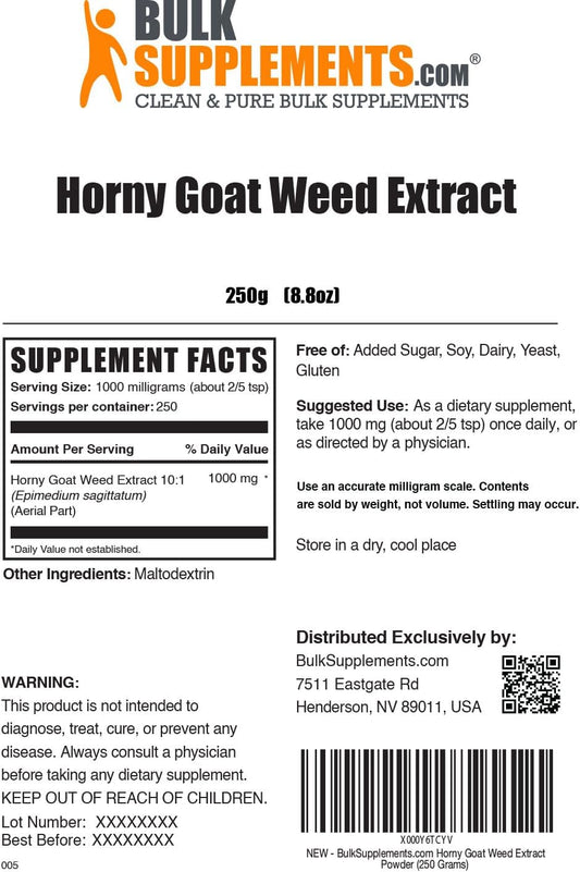 BULKSUPPLEMENTS.COM Horny Goat Weed Extract - Epimedium Extract, Horny Goat Weed Herbal Supplements, Horny Goat Weed Powder- Gluten Free, 1000mg per Serving, 250g (8.8 oz) (Pack of 1)