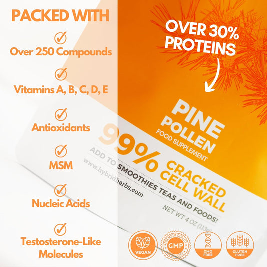 Hybrid Herbs - Pine Pollen Powder (113G) - Highly Bioavailable Supplement For Muscle, Energy, Workout, Skin, Immunity & Hormonal Support - 99% Cracked Cell Wall - Rich In Vitamins & Amino Acids