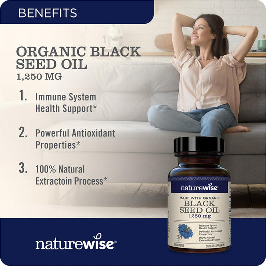 Naturewise Black Seed Oil Capsules 1250 Mg - With 100% Organic Cold Pressed Nigella Sativa - Omega 3 6 9 - Antioxidant Immune Support, Hair & Skin - Non-Gmo, Gluten-Free - 60 Softgels[1-Month Supply]