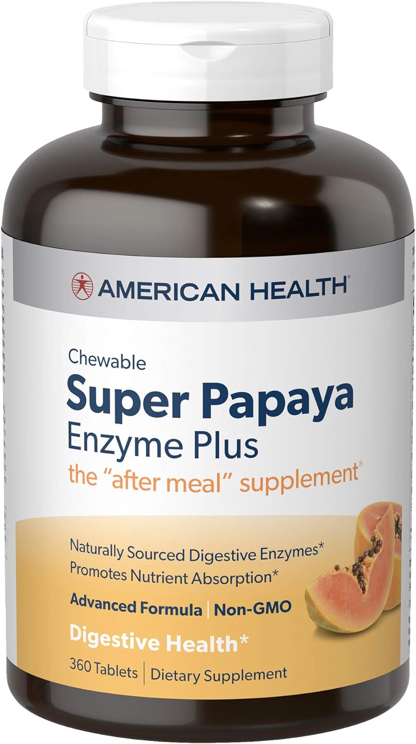 American Health Super Papaya Enzyme Plus Chewable Tablets, Natural Papaya Flavor - Promotes Digestion & Nutrient Absorption, Contains Papain & Other Enzymes - 360 Count