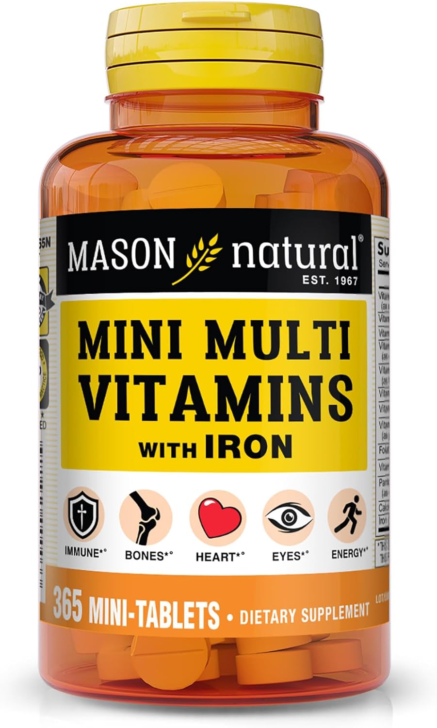 Mason Natural Mini Multi Vitamins With Iron, Vitamins A, C, D, E, B1, B2, B3, B6, B12, Folate And Calcium For Overall Health, 365 Tablets