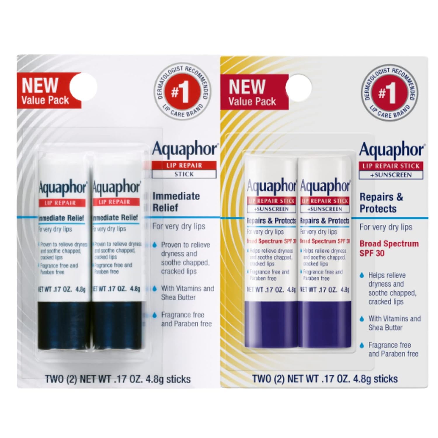 Aquaphor Lip Repair, Moisturizing Lip Balm Set, Soothes Dry Chapped Lips, Lip Repair Stick, 0.17 Oz (Pack Of 2) + Lip Repair And Protect Stick, Lip Balm With Sunscreen Spf 30, 0.17 Oz (Pack Of 2)