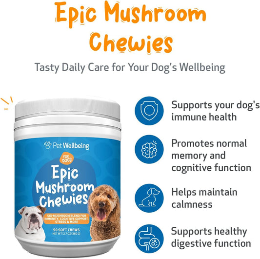 Pet Wellbeing Epic Mushroom Chewies For Dogs - Vet-Formulated - Immune Support, Cognitive Health, Adaptogenic Stress Support With Reishi, Chaga, Lion'S Mane Medicinal Mushrooms - 90 Soft Chews