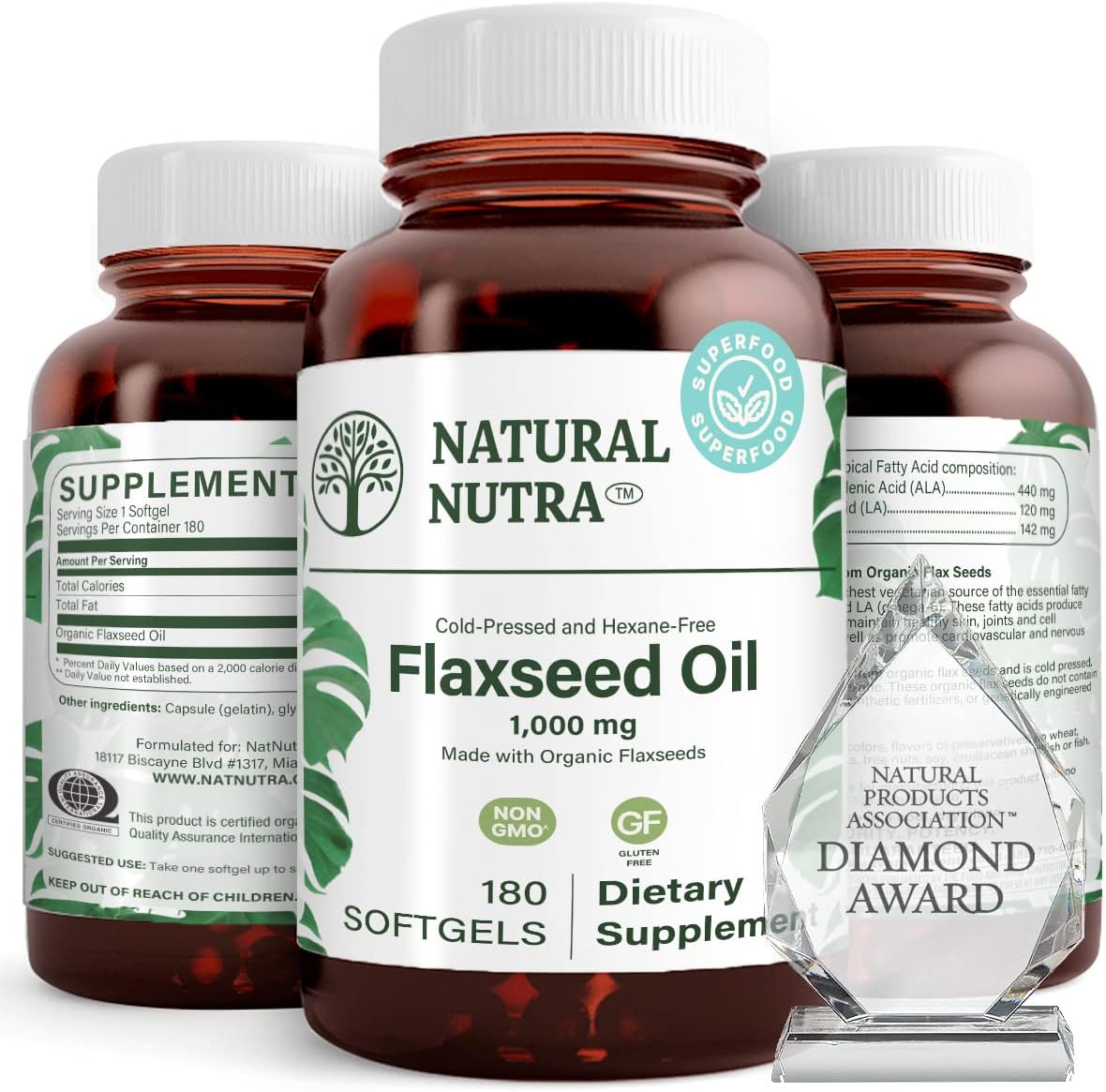 Natural Nutra Organic Flaxseed Oil Softgels, Omega 3 6 9, Hair Growth, Immune System, Cardiovascular Health Supplement, Flush Harmful Toxins, 1000 Mg, 180 Capsules