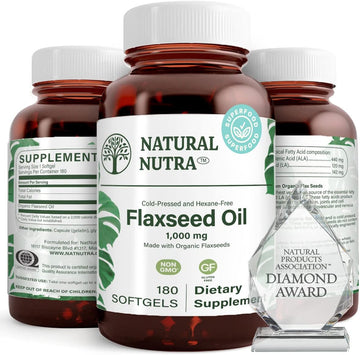 Natural Nutra Organic Flaxseed Oil Softgels, Omega 3 6 9, Hair Growth, Immune System, Cardiovascular Health Supplement, Flush Harmful Toxins, 1000 Mg, 180 Capsules