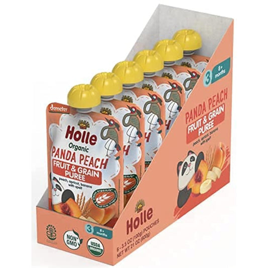 Holle Organic Baby Food Pouches - Panda Peach Baby Puree with Peach, Banana, Apricot & Spelt - (6 Pack) Organic Baby Snacks + Fruit and Veggie Pouches for Weaning Babies 6 Months and Older