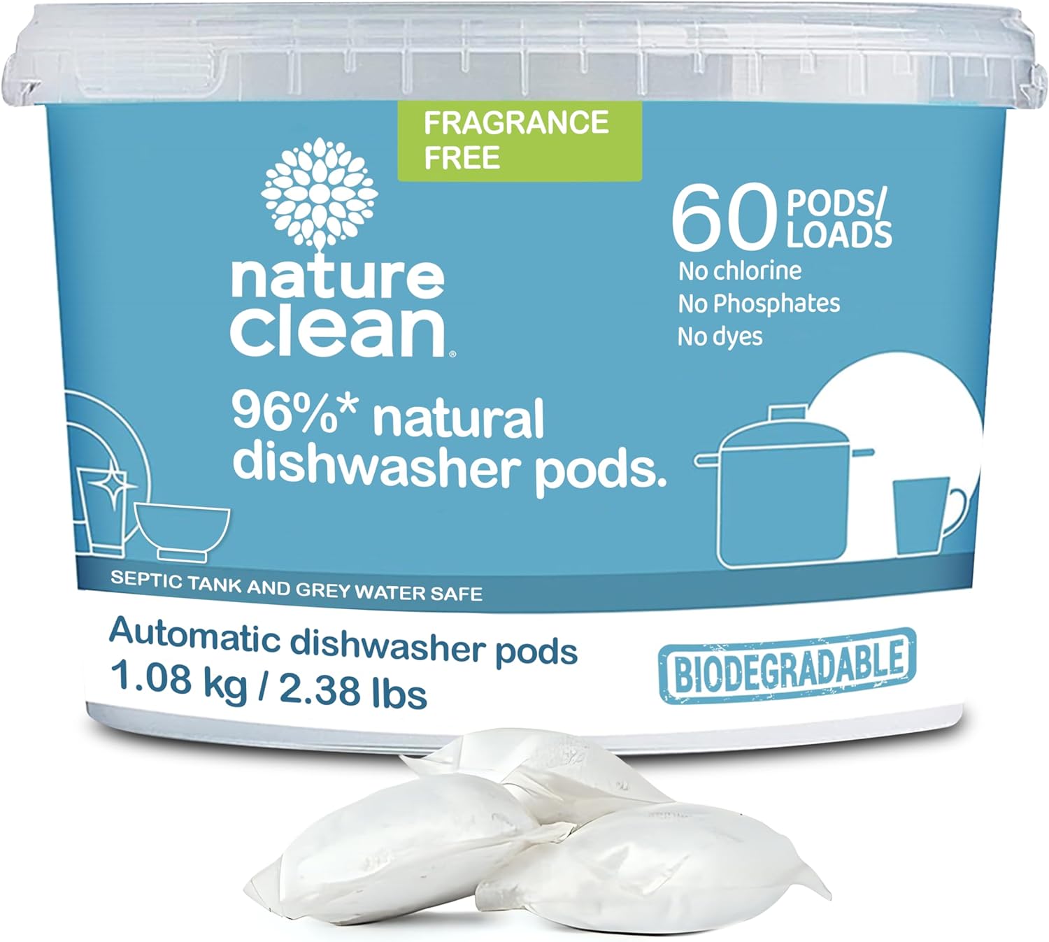 Nature Clean Non Toxic Dishwasher Detergent Pods Unscented - 60 Count, Phosphate Free All Natural Dishwasher Pods For Sparkling Dishes, Hard Water Dishwasher Soap Pods, Dishwashing Pods Dish Washing
