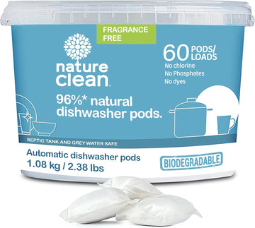 Nature Clean Non Toxic Dishwasher Detergent Pods Unscented - 60 Count, Phosphate Free All Natural Dishwasher Pods For Sparkling Dishes, Hard Water Dishwasher Soap Pods, Dishwashing Pods Dish Washing