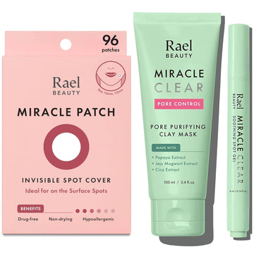 Rael Miracle Bundle - Invisible Spot Cover (96 Count), Miracle Clear Soothing Spot Gel (0.14oz), Miracle Clear Clay Mask (3.4 fl. oz)
