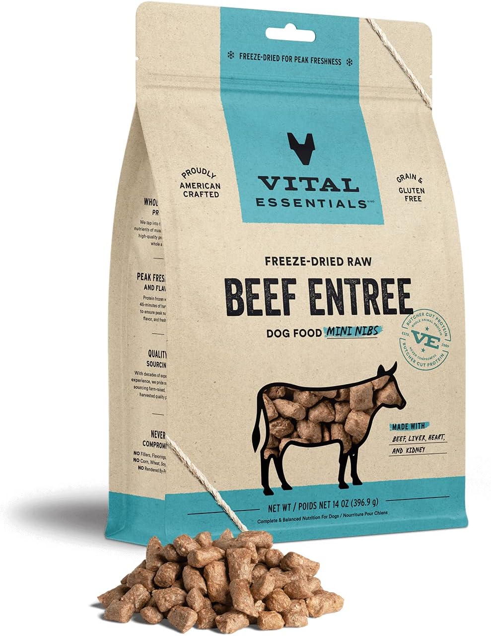 Vital Essentials Freeze Dried Raw Dog Food, Beef Mini Nibs Entree, 14 Oz