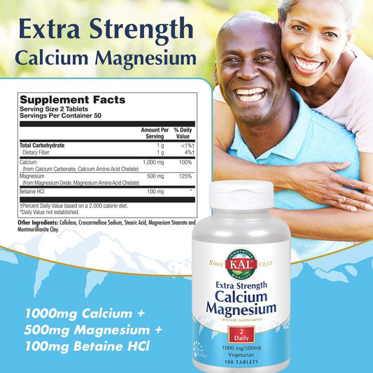 Kal Extra Strength Calcium Magnesium | 1000Mg/500Mg | Healthy Bones, Teeth, Nerve & Muscle Support | Rapid Disintegration | Vegetarian | 100 Tablets