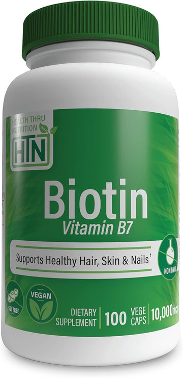 Health Thru Nutrition Biotin 10,000Mcg Vegan 100 Capsules | Vitamin B7 | Hair, Skin, Nail Support & Keratin Production | Non-Gmo, Soy-Free, Gluten-Free, Hypoallergenic