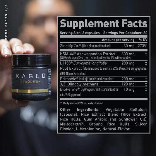 Kaged Testosterone Booster Ferodrox Ultra-Premium Hormone Management Supplement With Lj100 Tongkat Ali Ksm-66 Ashwagandha Shilajit 60 Servings