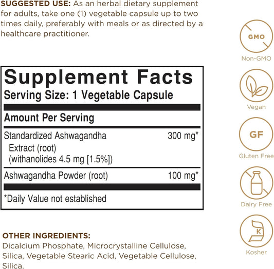 Solgar Ashwagandha Root Extract - Classified as an Adaptogen, Herbal Supplements - Ayurvedic Medicine - Vegan - 60 Vegetable Capsules, packaging may vary