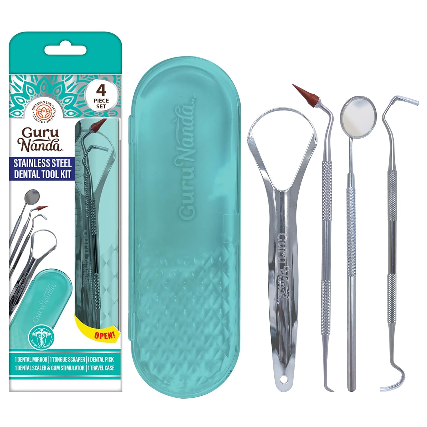 Gurunanda Professional 100% Stainless Steel Dental Kit With Tongue Scraper, Dental Mirror, Dental Scaler & Gum Stimulator - 4 Piece Dental Tools Set