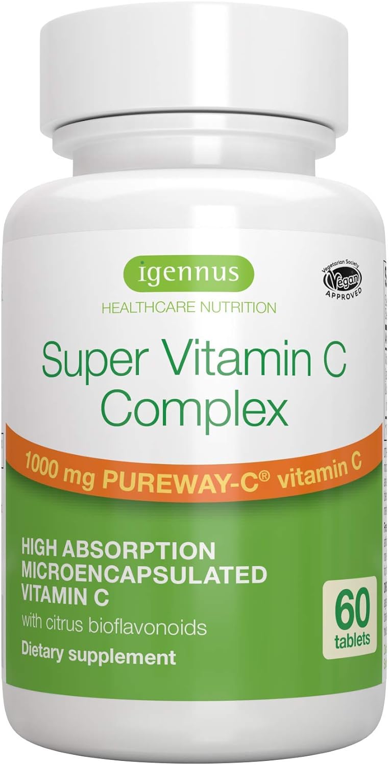High Absorption Super Vitamin C, Clean Label Pureway-C 1000mg, Vegan Vitamin C with Bioflavonoids, 60 Servings, 24-Hour Action, Immune Health, Energy, Heart & Brain, by Igennus