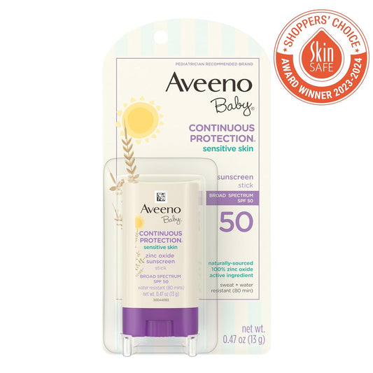 Aveeno Baby Continuous Protection Mineral Sunscreen Stick For Sensitive Skin With Broad Spectrum Spf 50 Protection For Face & Body, Naturally Sourced 100% Zinc Oxide, Travel Size, 0.47 Oz