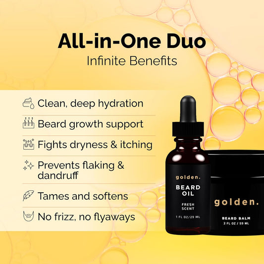 Golden Grooming Beard Oil & Balm Bundle For Men | Natural Growth Kit With Shea Butter | 2Oz Balm & 1Oz Oil | Toasted Vanilla