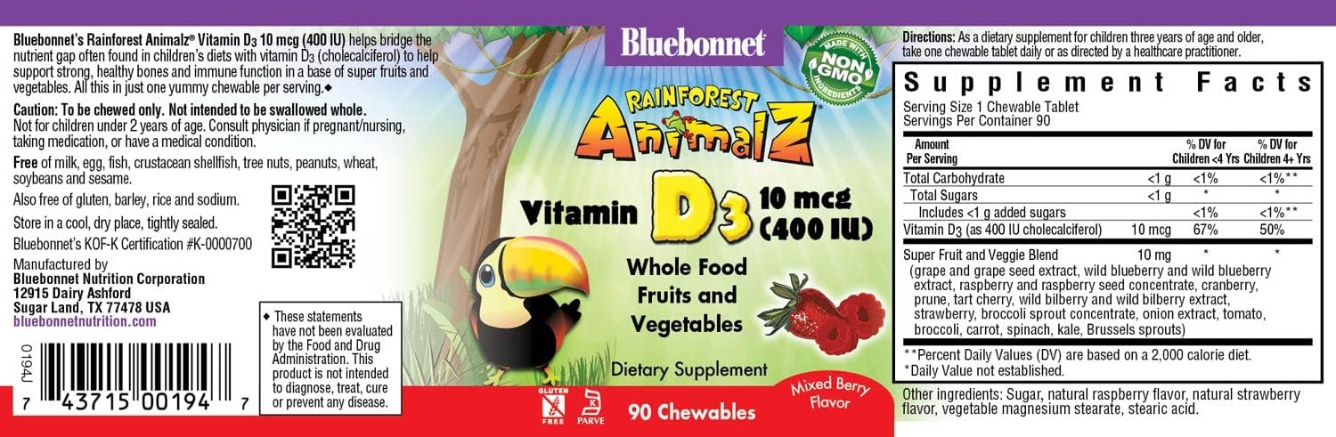 Bluebonnet Nutrition Rainforest Animalz Vitamin D3 400 IU Chewable Tablet, Soy, Dairy & Gluten-Free, Non-GMO, Kosher Certified, Vegetarian Friendly, Natural Mixed Berry Flavor, 90 Count : Health & Household