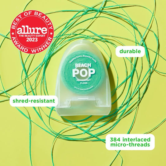 REACH POP Dental Floss | Vegan Wax & PFAS-Free | Durable & Shred Resistant | Slides Smoothly & Easily | Effective Plaque Removal | Green Color Floss | Peppermint, 54.7 YD