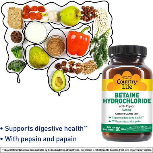 Country Life Betaine Hydrochloride With Pepsin, 600Mg, 100 Tablets, Certified Gluten Free