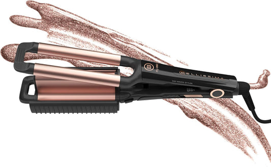 Bellissima Professional Ceramic 2 In 1 Hair Waver Beach Waves Styler - Hair Crimper And Deep Waver Curling Iron, Heat Resistant Handle, 160°C-200°C, Long-Lasting Results, Quick & Easy, Black & Gold