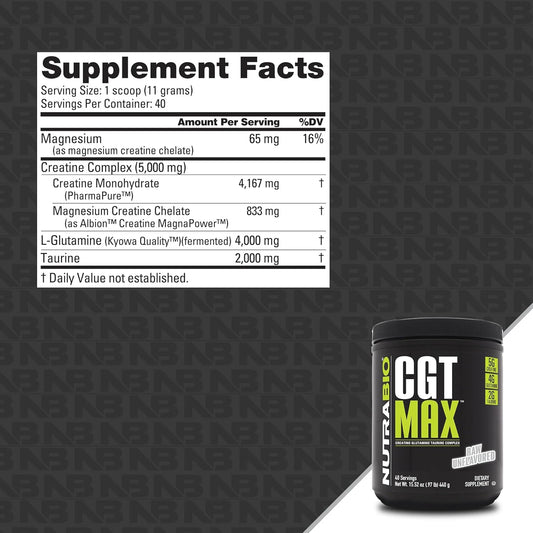 Nutrabio Cgt-Max Powder- Creatine, Glutamine And Taurine To Support Muscle Recovery And Strength - 40 Servings - Tropical Fruit Punch…