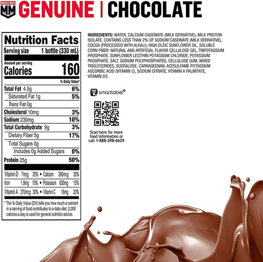 Muscle Milk Genuine Protein Shake, Chocolate, 25G Protein, 11.16 Fl Oz (Pack Of 12), Packaging May Vary