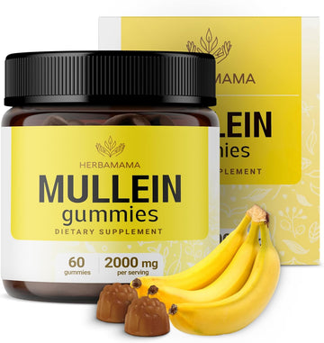 Herbamama Mullein Gummies For Lungs - 2000Mg Mullein Leaf For Lung Detox & Cleanse - Vegan, Non-Gmo, Respiratory Support Supplement - 60 Pectin-Based Banana-Flavored Chews