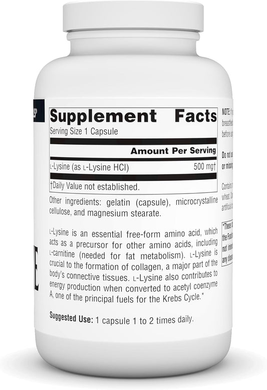 Source Naturals L-Lysine Free Form -Amino Acid Supplement Supports Energy Formation & Collagen - 200 Capsules