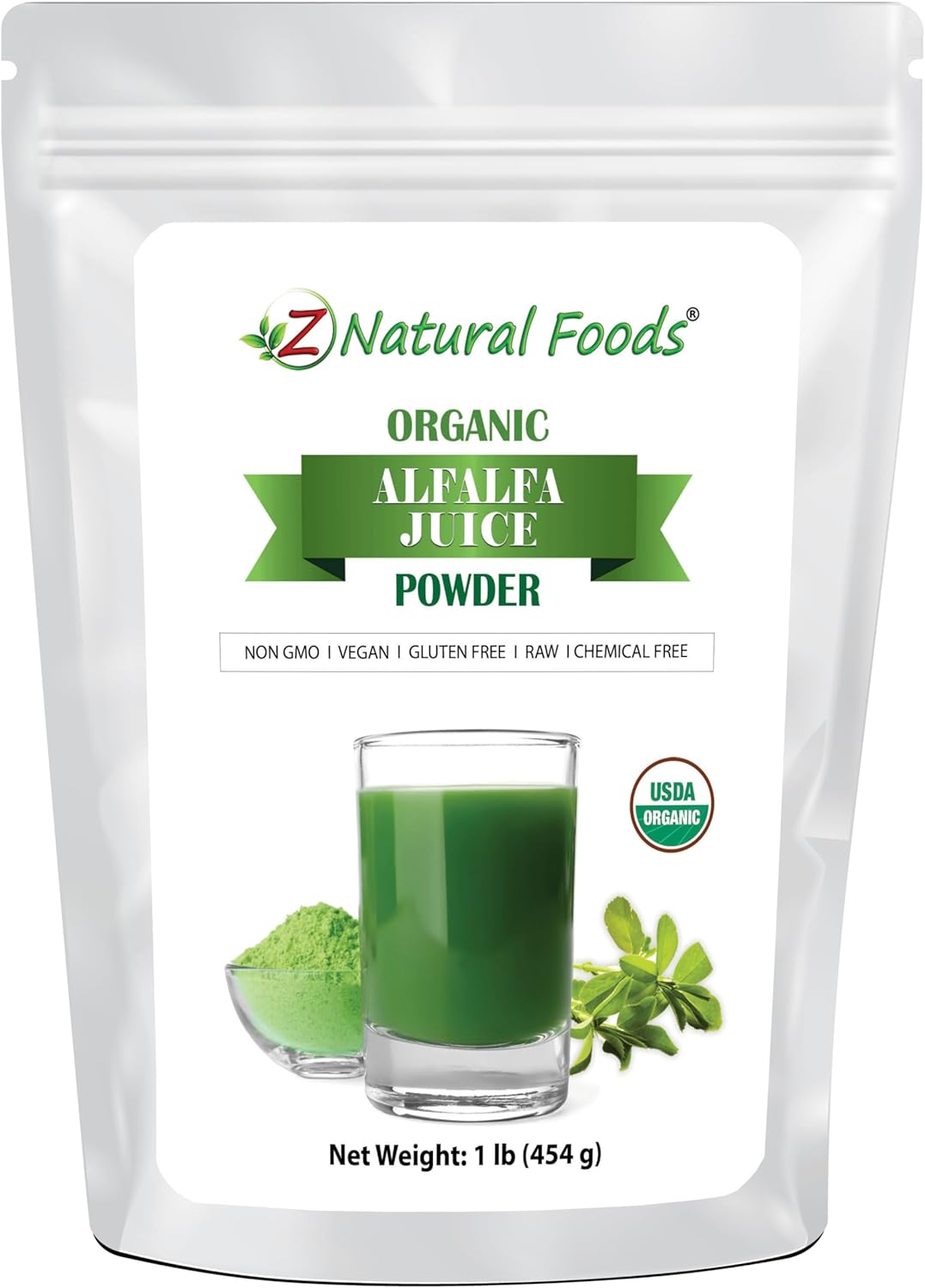 Z Natural Foods Organic Alfalfa Juice Powder, Green Grass Superfood Powder, Mix in Smoothies, Drinks, Recipes - Raw, All Natural, Non GMO, Vegan, Gluten Free - 1 lb