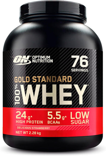 Optimum Nutrition Gold Standard Whey Muscle Building And Recovery Protein Powder With Naturally Occurring Glutamine And Amino Acids, Delicious Strawberry, 76 Servings, 2.28Kg, Packaging May Vary