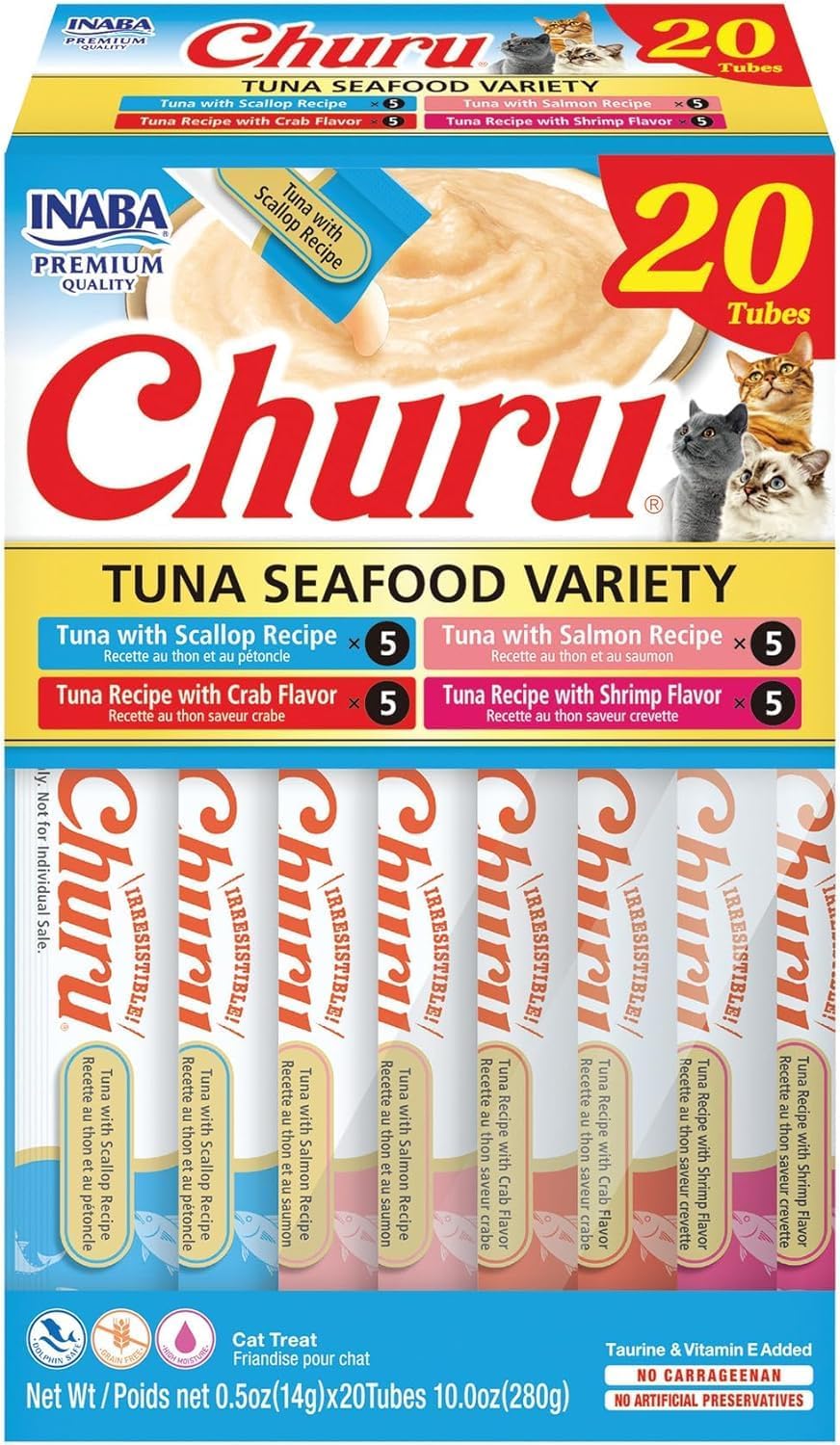 INABA Churu Cat Treats, Lickable, Squeezable Creamy Purée Cat Treat with Green Tea Extract & Taurine, 0.5 Ounces Each Tube, 20 Tubes, Tuna & Seafood Variety Box