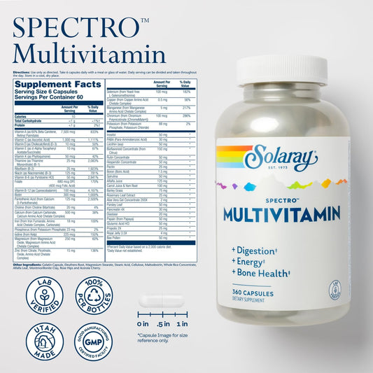 Solaray Spectro Multivitamin With Iron - Multi Vitamin With Calcium, Magnesium, Energizing Greens, Herbs & Digestive Enzymes - Digestion, Energy, And Bone Health Support (60 Servings, 360 Capsules)